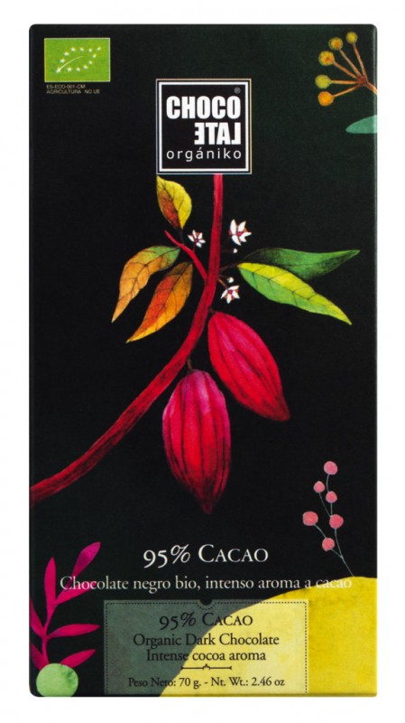 Chocolate negro 95% cacao organico, barra, chocolate negro 95% cacao, organico, chocolate organico - 70g - Pedazo