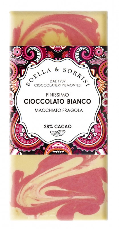 Cioccolato bianco macchiato fragola, chocolate branco com sabor morango, Boella + Sorrisi - 100g - Pedaco