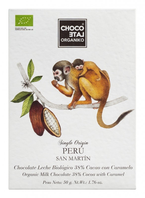 Origen Peru, Chocolate con Leche 38% con Caramelo, Ecologico, Chocolate con Leche 38% con Caramelo, Chocolate Organiko - 50 gramos - Pedazo