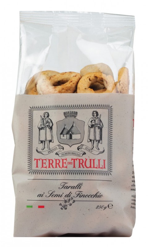 Taralli ai Semi di Finocchio, biscoitos salgados com sementes de erva-doce, Terre dei Trulli - 250g - bolsa