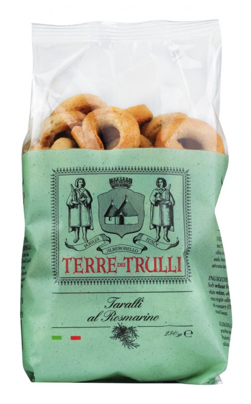 Taralli al Rosmarino, biskut sedap dengan rosemary, Terre dei Trulli - 250 g - beg