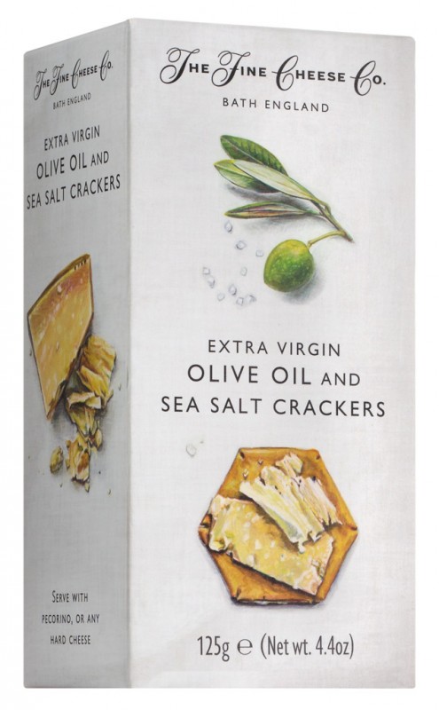Extra Virgin Olive Oil and Sea Salt Crackers, kjeks for ost med olivenolje og salt, The Fine Cheese Company - 125 g - pakke