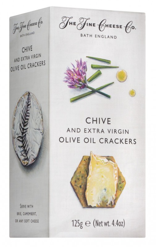 Crackers de cebollino y aceite de oliva virgen extra, Crackers de queso con cebollino y aceite de oliva, The Fine Cheese Company - 125g - embalar