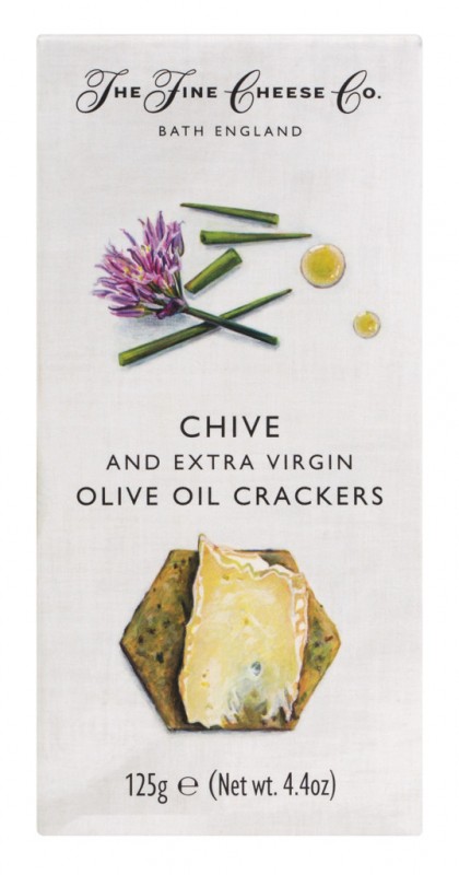 Crackers de cebollino y aceite de oliva virgen extra, Crackers de queso con cebollino y aceite de oliva, The Fine Cheese Company - 125g - embalar
