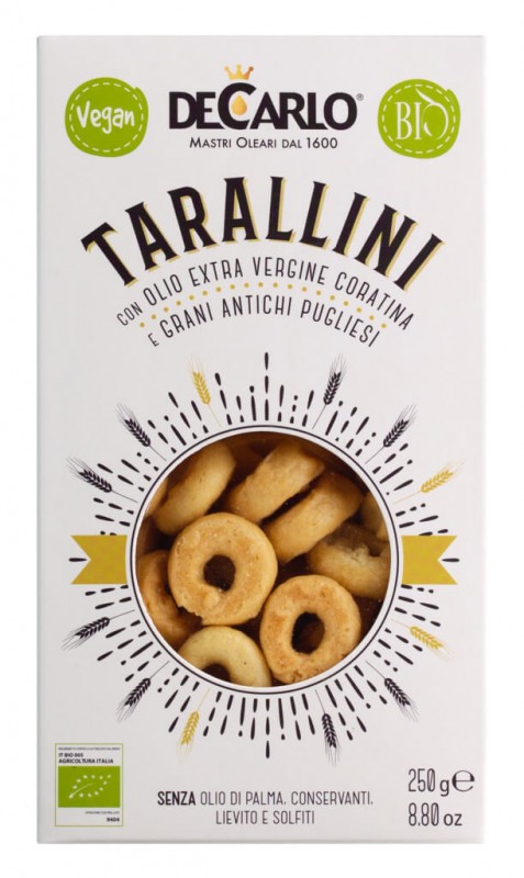 Tarallini, luomu, Tarallini ekstra-neitsytoliivioljylla, luomu, De Carlo - 250 g - pakkaus