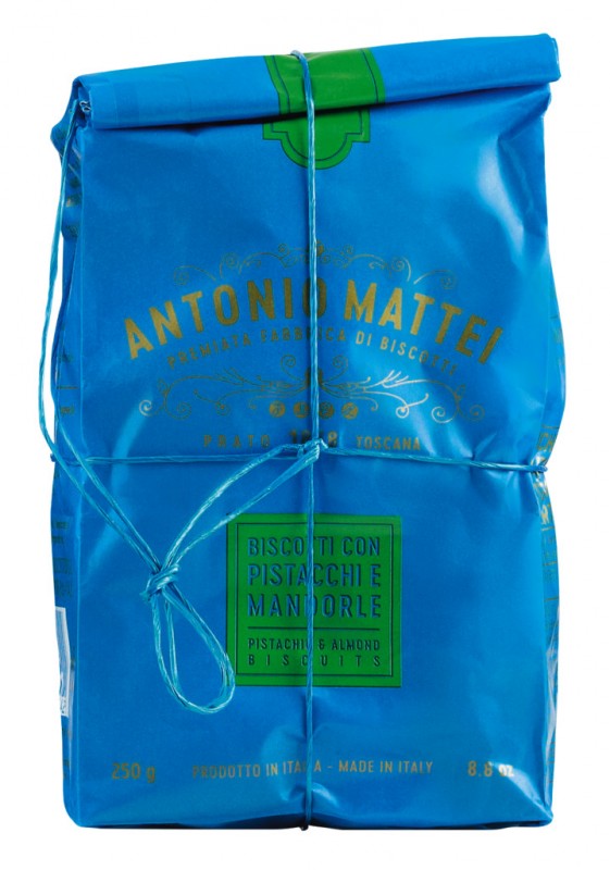 Biscotti Pistacchi e Mandorle, Toscanan mantelikekseja pistaasipahkinoilla, pussi, Mattei - 250 g - laukku