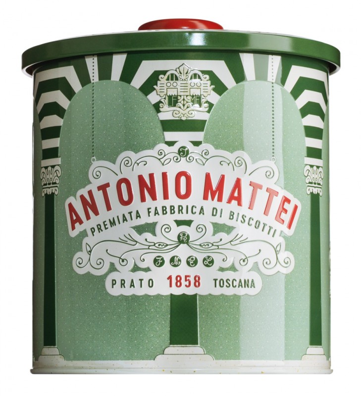 Biscotti di Prato alle mandorle, latta Clara, galletas toscanas de almendras, lata redonda, Mattei - 500g - poder