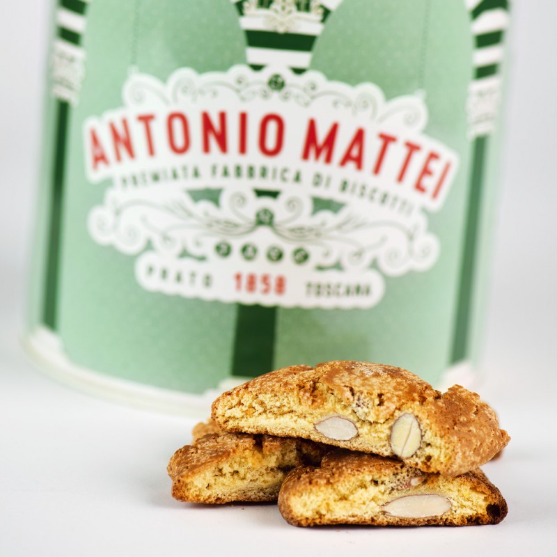 Biscotti di Prato alle mandorle, latta Clara, galetes d`ametlla toscanes, llauna rodona, Mattei - 500 g - llauna