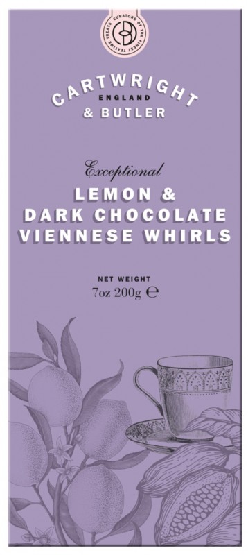 Whirl vienense de limao e chocolate amargo, pastelaria com limao e chocolate amargo, embalagem, Cartwright and Butler - 200g - pacote