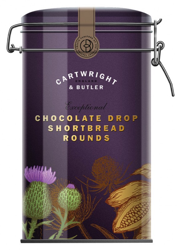 Chocolate Drop Shortbread Rounds, mordegskaka med chokladchips, burk, cartwright och butler - 200 g - burk