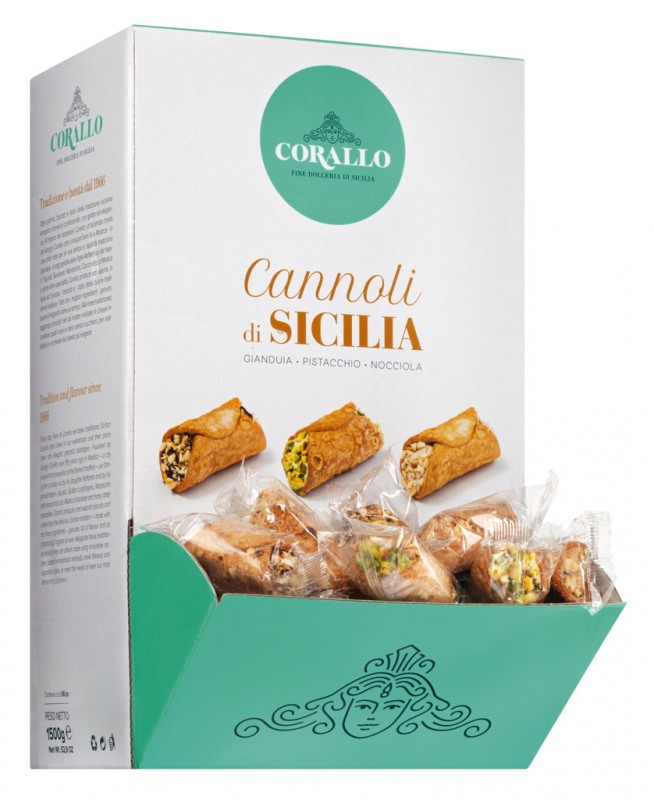 Cannoli di Sicilia, dolci ripieni siciliani, esposizione, Corallo - 56 x 26 g - Schermo