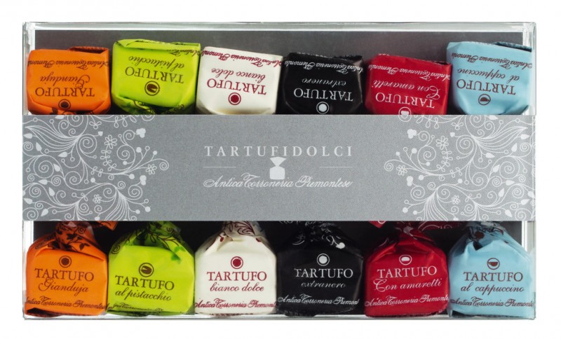 Tartufi dolci misti, astuccio da 12 pezzi, sekoitettu suklaatryffelit, kotelo 12, Antica Torroneria Piemontese - 165 g - pakkaus