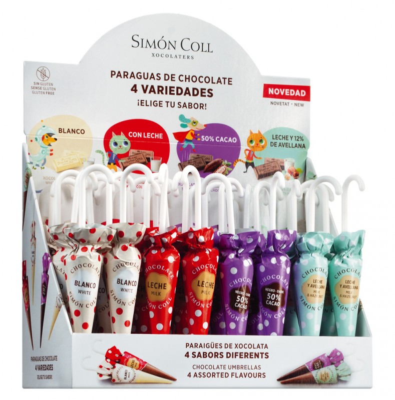 Sombrella Topos 4 Sabores, sombrillas de chocolate 4 variedades, expositor, Simon Coll - 32x10g - mostrar