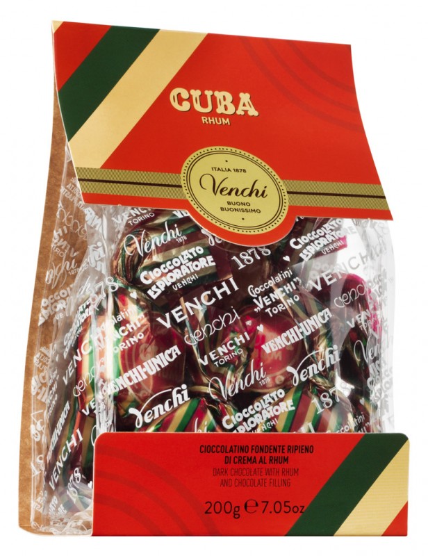 Borsa regalo Cuba Rhum, cioccolatini cioccolato fondente. ripieno di crema M., confezione regalo, Venchi - 200 g - pacchetto