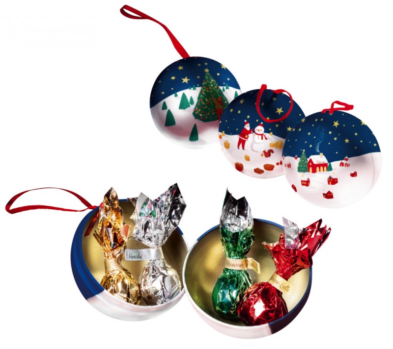 Bolas de hojalata en caja de PVC, bolas de metal para arbol de Navidad con bombones de chocolate, Venchi - 49g - Pedazo