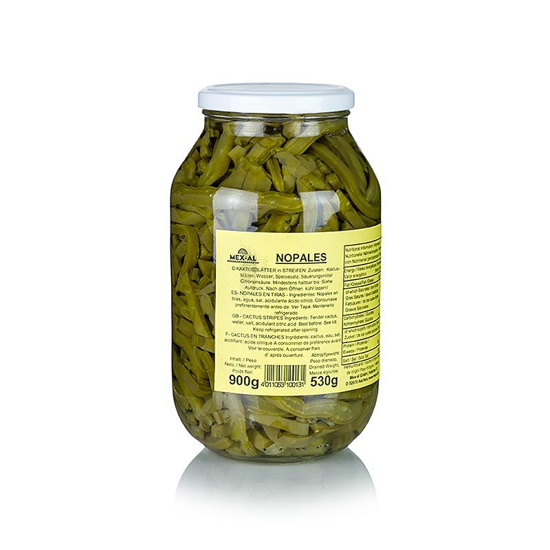 Hojas de nopal, cortadas en tiras y encurtidas en salmuera. - 900g - Vaso