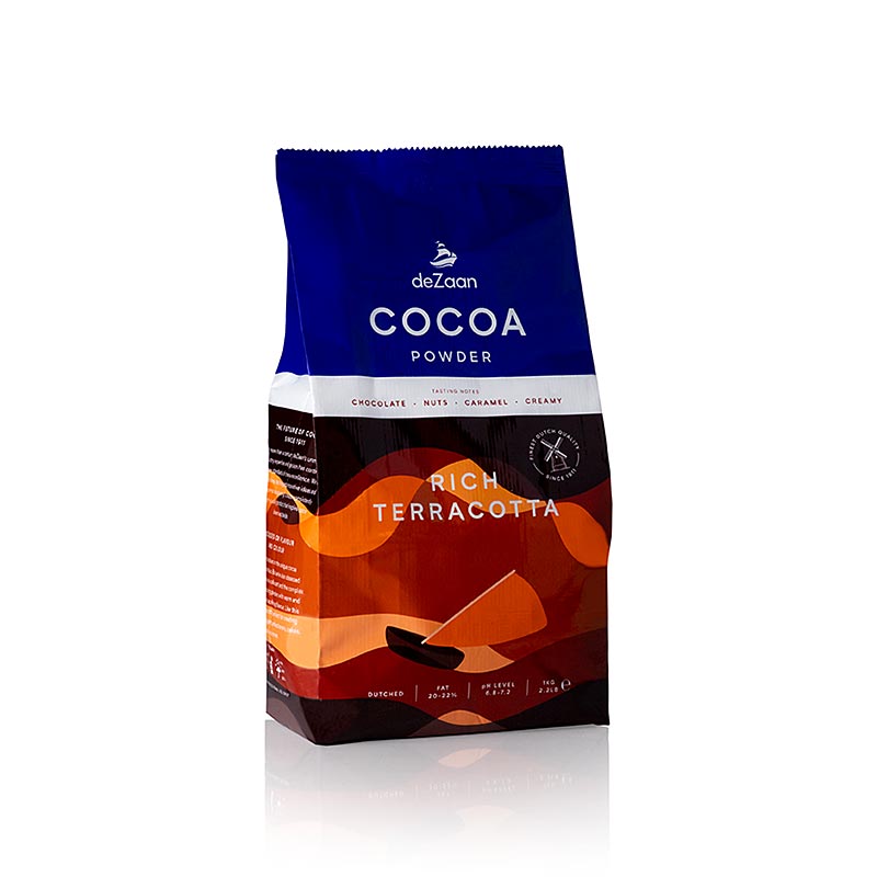 Ricca polvere di cacao terracotta, leggermente sgrassata, 20-22% di grassi, deZaan - 1 kg - borsa