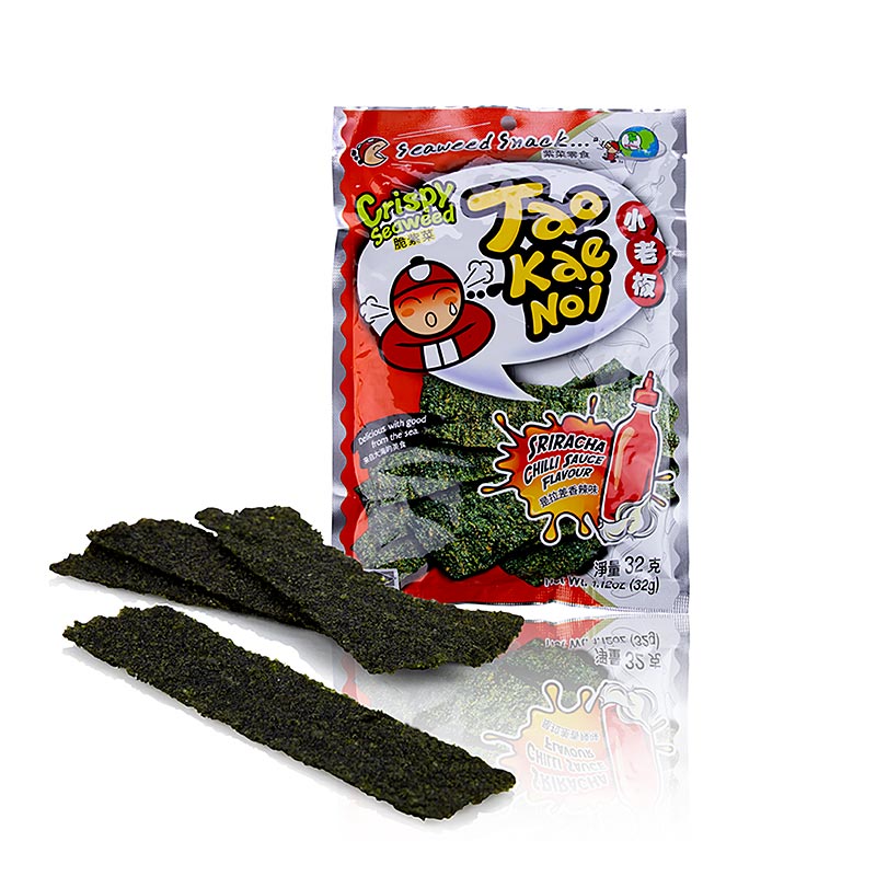 Taokaenoi Crispy Seaweed Sriracha, chips de algas marinhas com sabor de molho de pimenta - 32g - bolsa