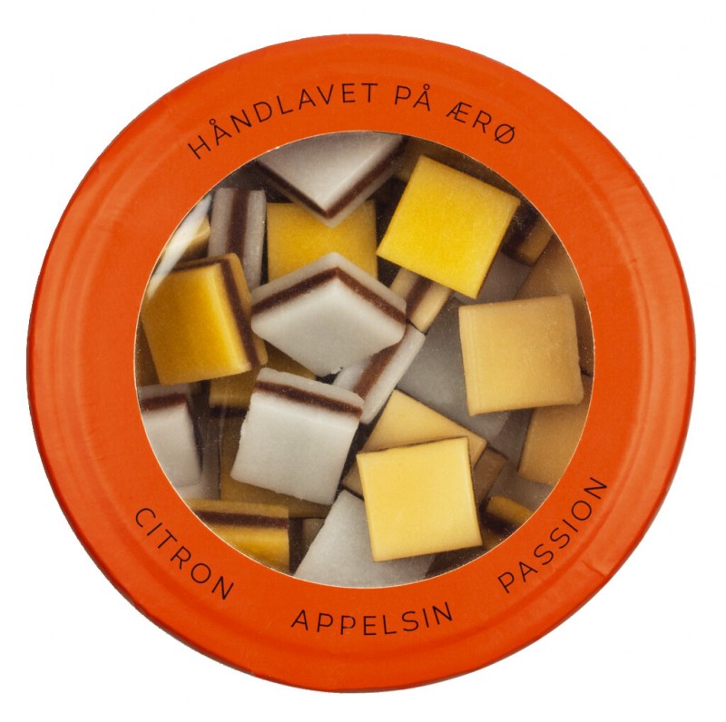 Lakridskonfekt Citron, Appelsin, Passion, alcacuz com limao, laranja e maracuja, Hattesens Konfektfabrik - 125g - pacote