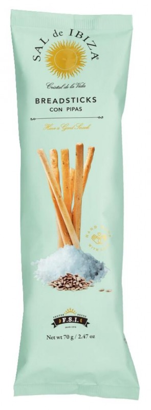 Breadsticks con Pipas, breadsticks com sementes de girassol, Sal de Ibiza - 70g - pacote