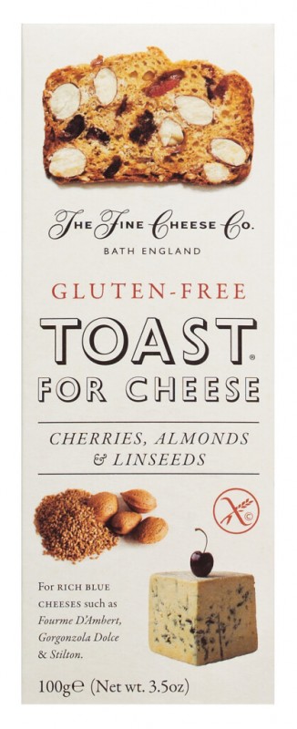 Toast f. Cheese -Cherry, Bajame, Linseed, Pa Gluten, Buke e thekur me qershi, bajame, fara liri, pa gluten, The Fine Cheese Company - 100 g - paketoj
