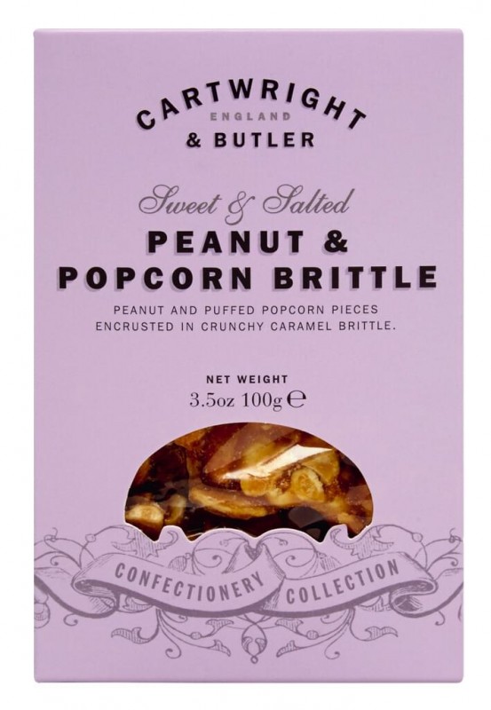 Peanut and Popcorn Brittle, box, peanut brittle met popcorn, cartwright en butler - 100 gram - inpakken