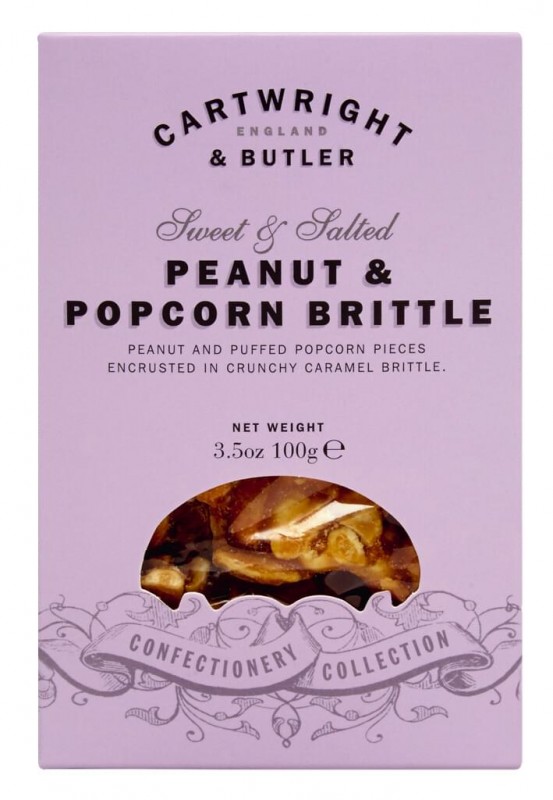 Peanut and Popcorn Brittle, boks, peanoettsproett med popcorn, Cartwright og Butler - 100 g - pakke