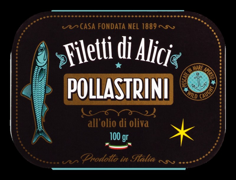 Filetti di Alici all` Olio di Oliva, filetes de anchova em azeite, pollastrini - 100g - pode
