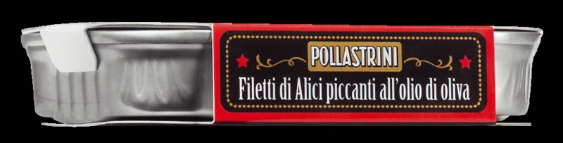 Filetti di Alici piccanti all` Olio di Oliva, Krydret ansjosfilet i olivenolje, Pollastrini - 100 g - kan