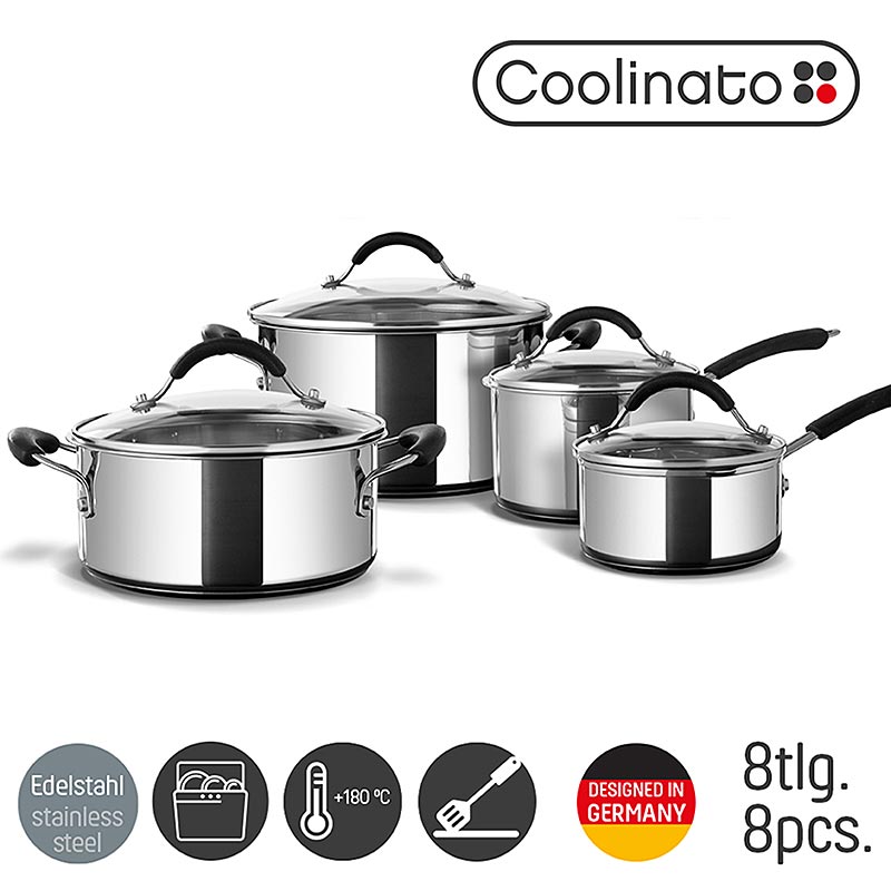 Conjunto de panelas em aco inox, para todos os tipos de fogOEes, 4 panelas + tampa, Coolinato - 8 pecas - Cartao