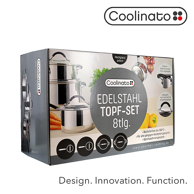 Set d`olles d`acer inoxidable, per a tot tipus de fogons, 4 olles + tapa, Coolinato - 8 peces - Cartro Set d`olles d`acer inoxidable, per a tot tipus de fogons, 4 olles + tapa, Coolinato - 8 peces - Cartro