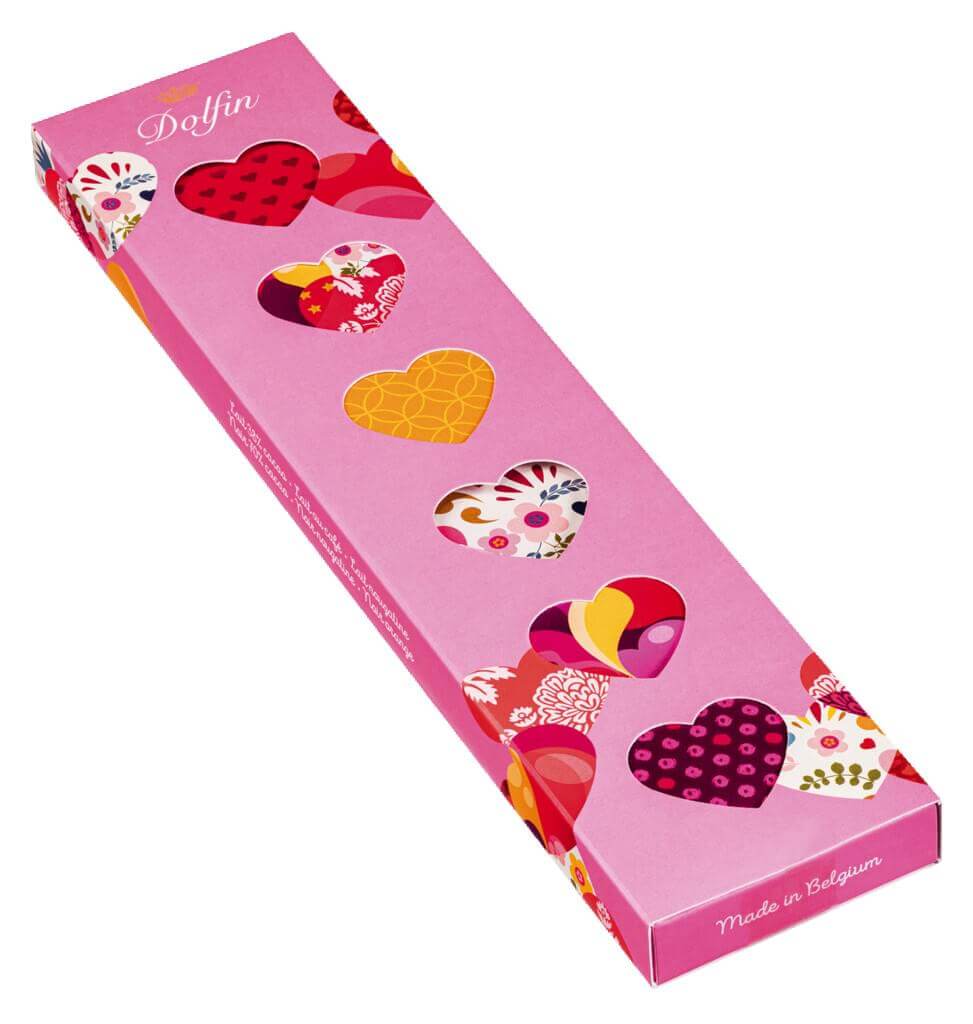 18 bombons Square Love, chocolate ao leite e chocolate amargo. Embalagem para presente. CoracOEes, golfinho. - 81g - pacote
