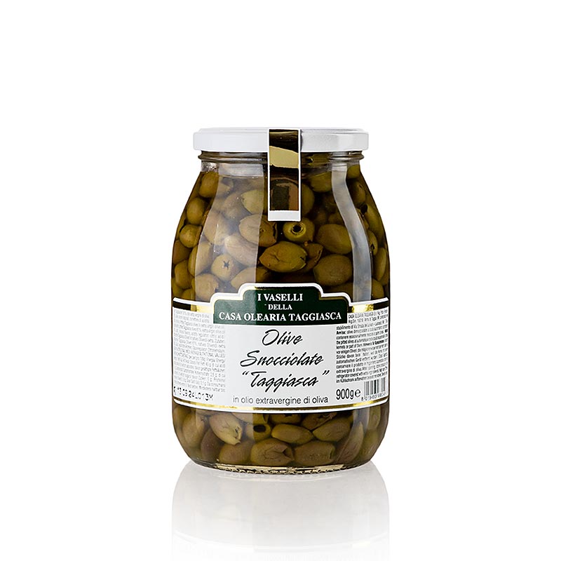 Aceitunas negras Snocciolate, en aceite de oliva, sin pepitas, Taggiasca - 900g - Vaso