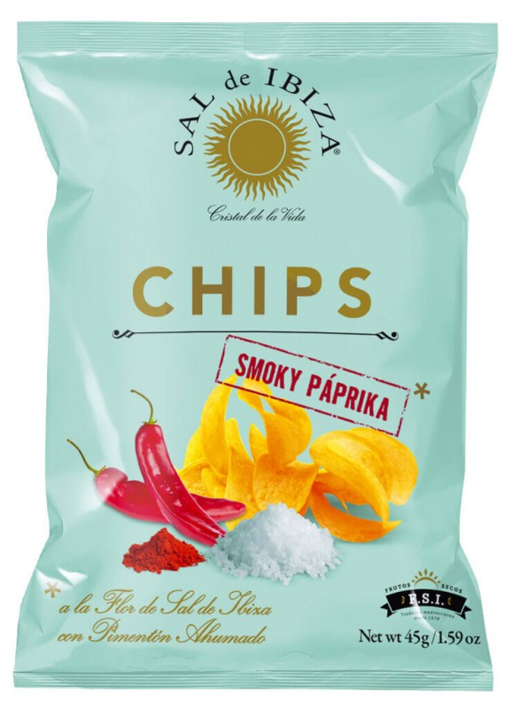 Xips de pebre vermell fumat, xips de patates fregides amb pebre vermell fumat, sal d`Eivissa - 45 g - Peca Xips de pebre vermell fumat, xips de patates fregides amb pebre vermell fumat, sal d`Eivissa - 45 g - Peca