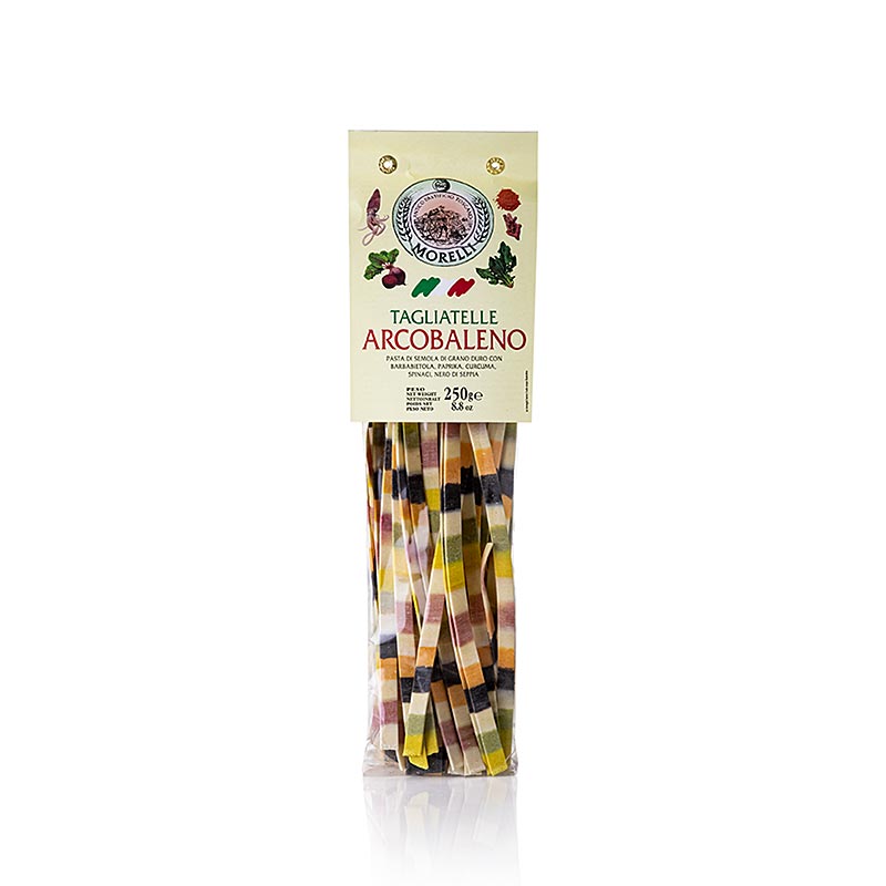 Pasta Tagliatelle Arcobaleno (pasta colorida del arco iris), Morelli 1860 - 250 gramos - bolsa