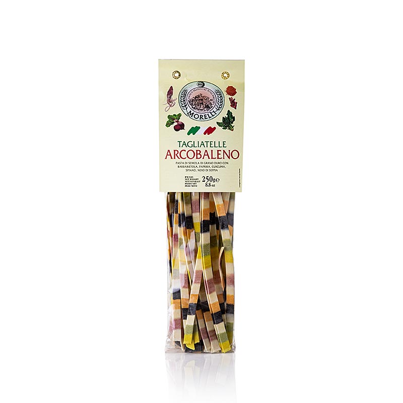 Pasta Tagliatelle Arcobaleno (litrikt regnbogapasta), Morelli 1860 - 250 g - taska Pasta Tagliatelle Arcobaleno (litrikt regnbogapasta), Morelli 1860 - 250 g - taska