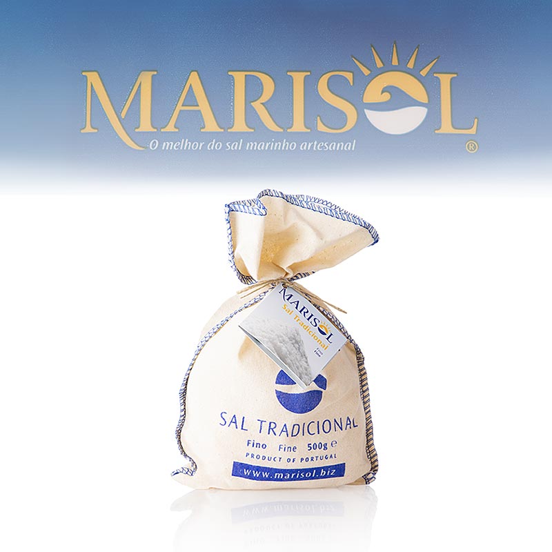 Marisol® Sal Perinteinen merisuola, hieno, valkoinen, kostea, CERTIPLANET, ORGANIC - 500g - kangaskassi