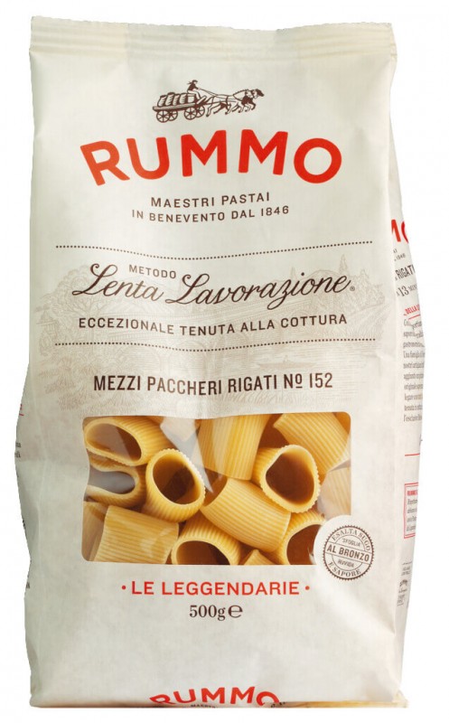 Mezzi paccheri rigati, Le Leggendarie, pasta di semola di grano duro, rummo - 500 g - pacchetto