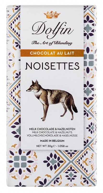 Chocolate com leite aux noisettes, chocolate ao leite com avelas, Dolfin - 30g - Pedaco