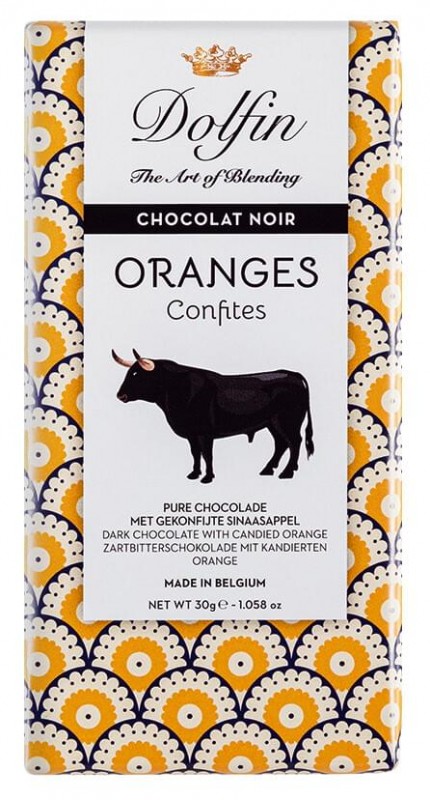 Chocolat noir aux oranges confits, xocolata negra amb taronja confitada, Dolfin - 30 g - Peca