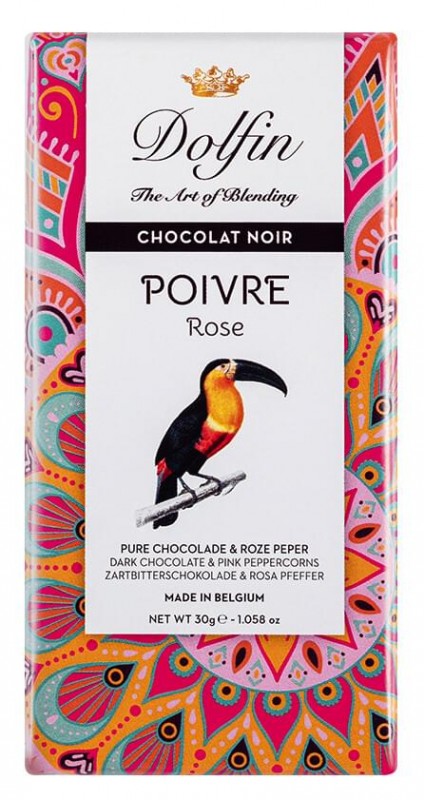 Chocolat noir au poivre rose, chocolate amargo com pimenta rosa, Dolfin - 30g - Pedaco