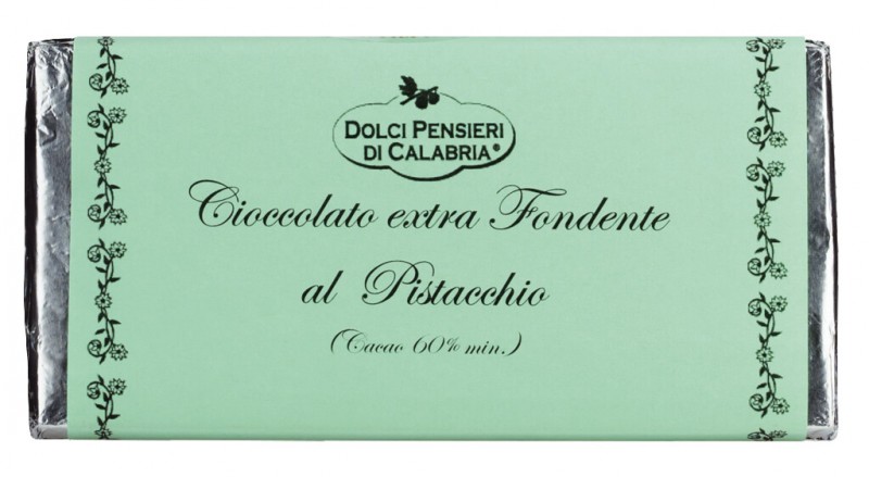 Cioccolato Fondente con Pistacchio, chocolate amargo com sabor de pistache, Dolci Pensieri - 100g - Pedaco