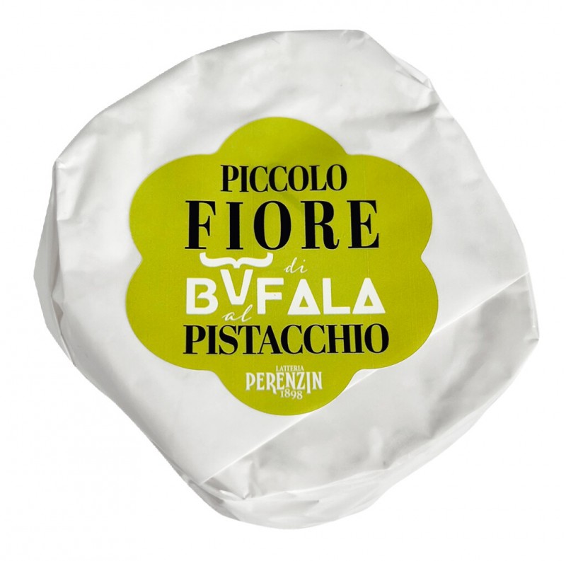 Piccolo fiore di Bufala Pistacchio, formaggio molle di latte di bufala + pistacchi, Latteria Perenzin - 250 g - Pezzo Piccolo fiore di Bufala Pistacchio, formaggio molle di latte di bufala + pistacchi, Latteria Perenzin - 250 g - Pezzo