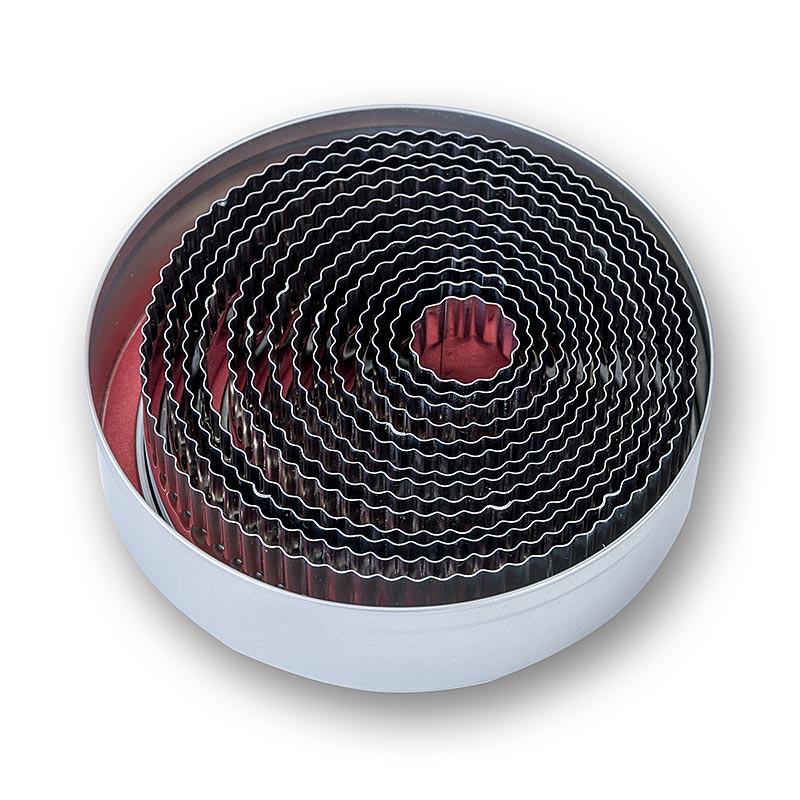Blikken uitstekerset, rond, geribbeld, Ø 2,2 -11cm, 3cm hoog - 14 stuks - kan Blikken uitstekerset, rond, geribbeld, Ø 2,2 -11cm, 3cm hoog - 14 stuks - kan