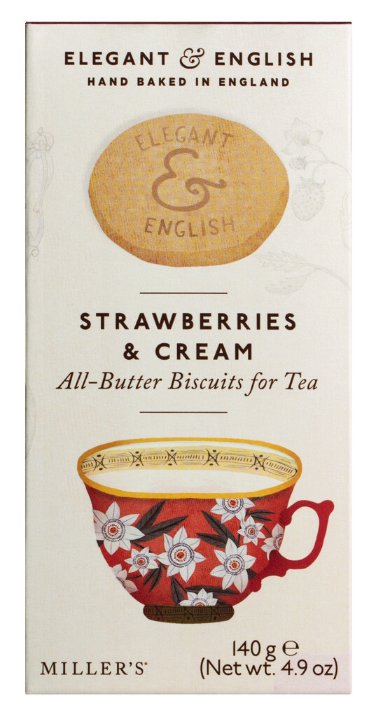 Elegantes y inglesas Fresas + Crema, galletas de mantequilla con fresas y crema, Miller`s - 140g - embalar
