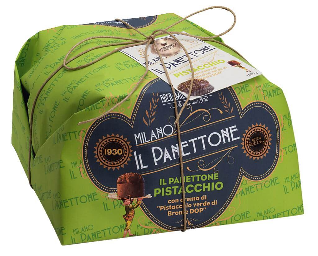 Panettone con Crema di Pistacchio, pastel tradicional de levadura con pistachos, Breramilano 1930 - 1.000 gramos - Pedazo