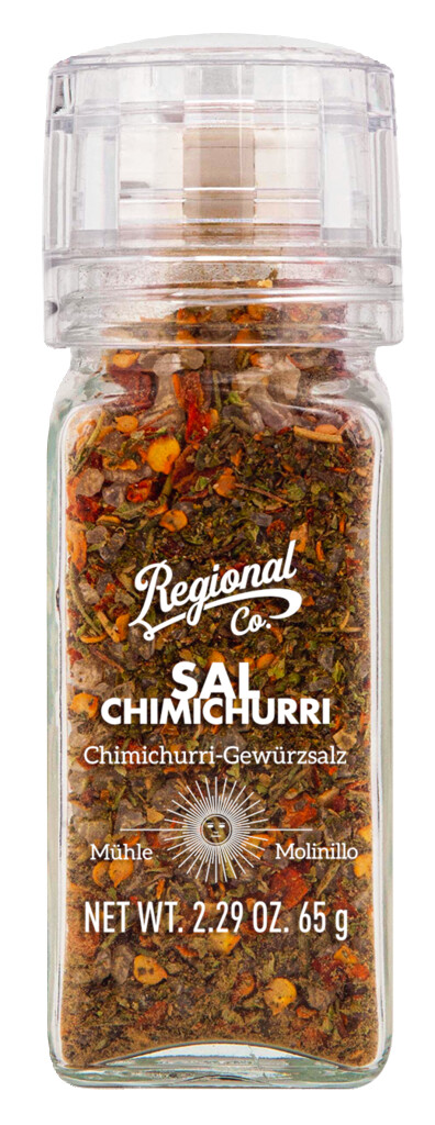 Sal Chimichurri, sal especiada con chimichurri, molino, Regional Co. - 65g - Pedazo