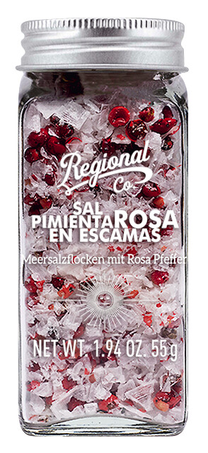 Sal en escamas con pimienta rosa, sal marina con pimienta rosa, molinillo, Regional Co - 55g - Pedazo