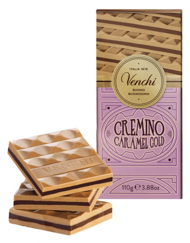 Gold Caramel Cremino Bar, lagdelt sjokolade med mandel og karamell, Venchi - 110 g - Stykke