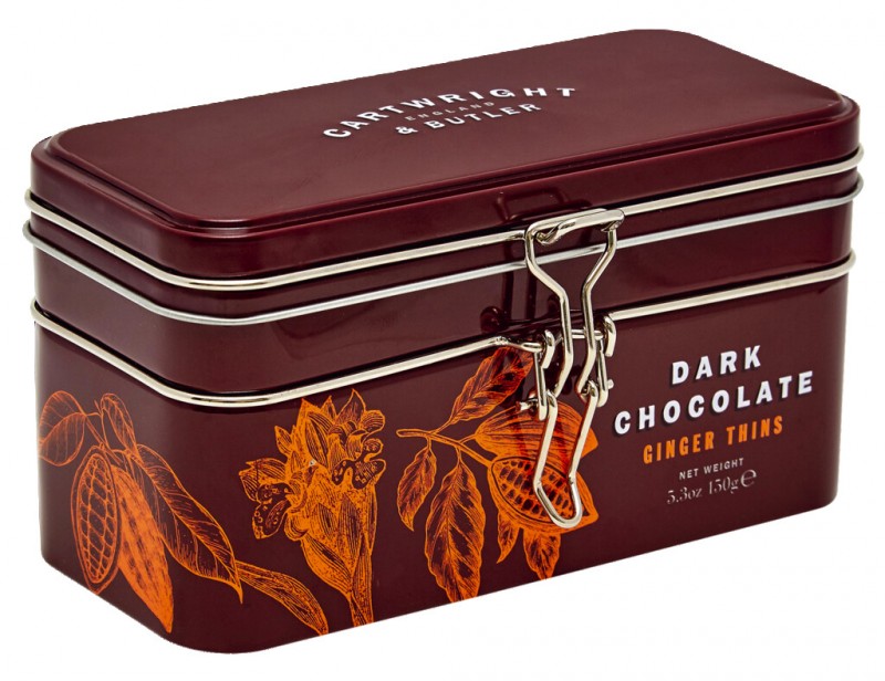 Tin Treasure Chest - Dark Chocolate Ginger Thins, monedha me cokollate te zeze me xhenxhefil, Cartwright dhe Butler - 150 gr - mund